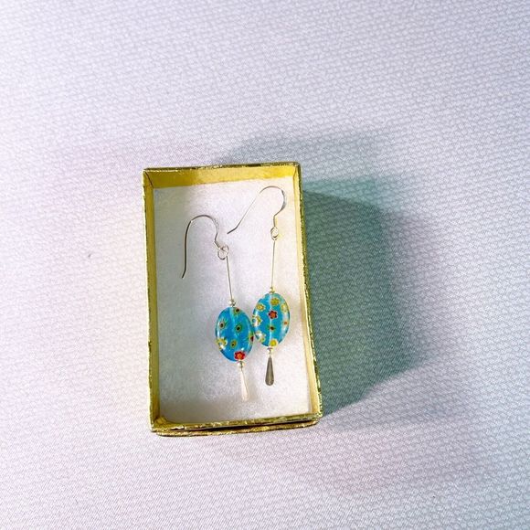 Two Inch Drop Sterling Silver Blue Millefiori Carnaval Earrings 2” Long - Picture 8 of 9